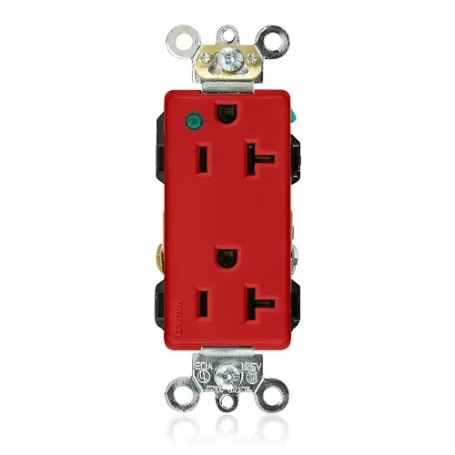 Leviton 16362-PLR Decora Plus Duplex Receptacle Outlet, 2-Pole, 3-Wire, Hospital Grade, Power Indication, 20A, 125V, NEMA 5-20R, Red