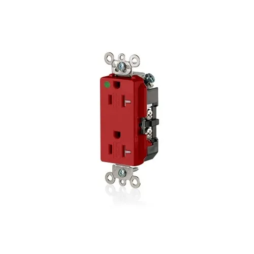 Leviton 16362-SGR Decora Plus Duplex Receptacle Outlet, 2-Pole, 3-Wire, Hospital Grade, T Amper-Resistant, 20A, 125V, NEMA 5-20R, Red