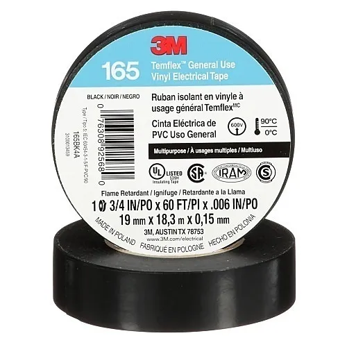 3M 165BK4A Temflex Vinyl Electrical Tape 165, 3/4"X60' (19mmX18m), Black
