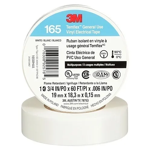 3M 165WH4A Temflex Vinyl Electrical Tape 165, 3/4"X60' (19mmX18m), White