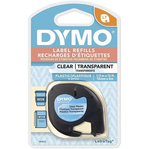 DYMO 16952 Labels, CLR Tape Blk Prnt 1/2" x 13 '
