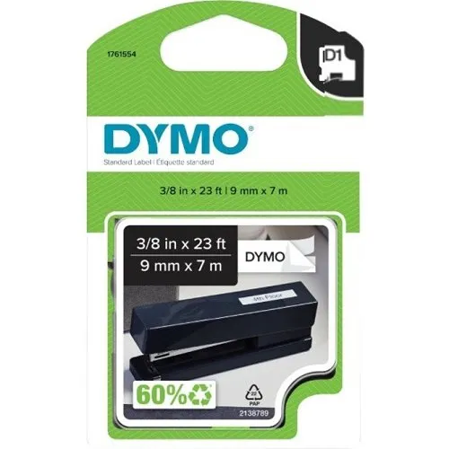 DYMO 1761554 Label Manager Series Labeling Tape, Standard D1 Cartridge, 3/8" 23', White/Black Print, 6-Pack
