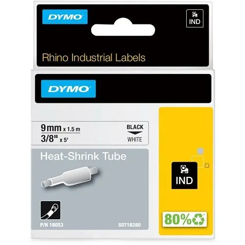 DYMO 18053 Rhino Heat Shrink Tube Label 3/8" 5", Black on White