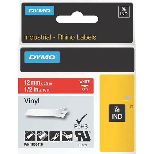 DYMO 1805416 Rhino Red Vinyl Tape, 12mm, white Text