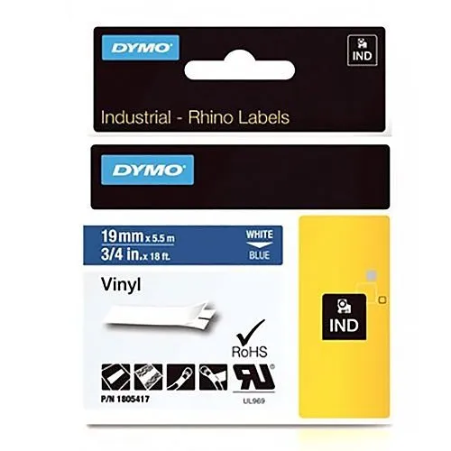 DYMO 1805417 Rhino Blue Vinyl Tape, 19mm, white Text