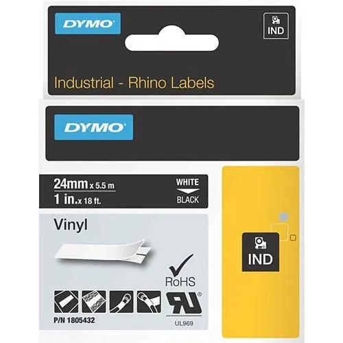 DYMO 1805432 Rhino Black Vinyl Tape, 24mm, White Text