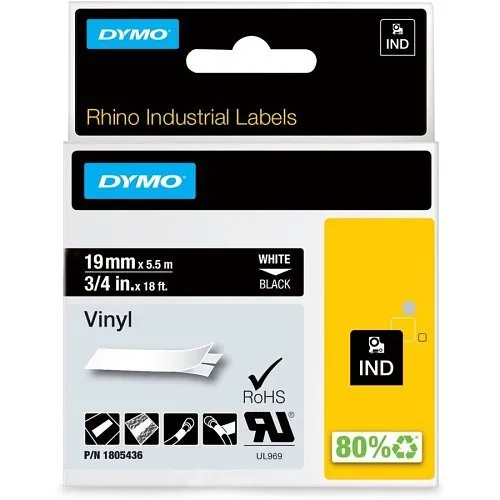 DYMO 1805436 Rhino Black Vinyl Tape, 19mm, white Text