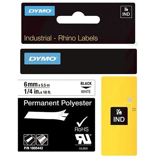 DYMO 1805442 Rhino White Polyester Tape, 1/4", Black Text on White