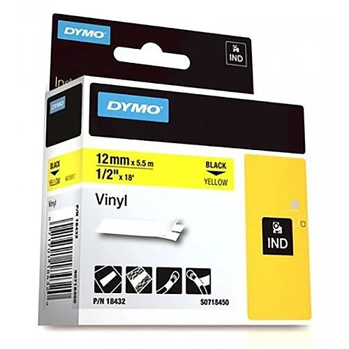 DYMO 18432 RHINO Industrial Vinyl Labels, 1/2" (12mm), Black on Yellow
