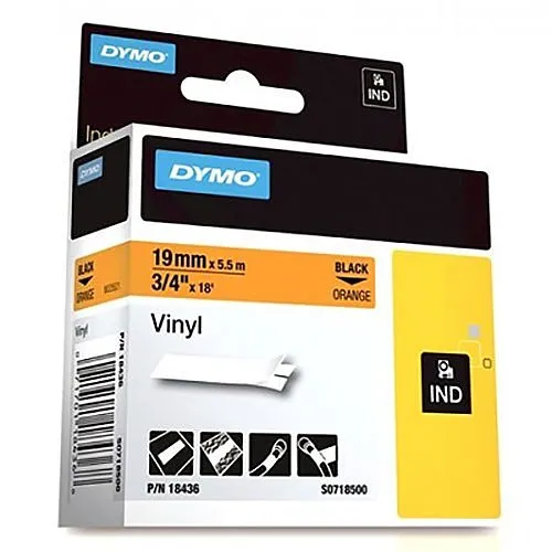 DYMO 18436 Industrial Vinyl Labels, 3/4", 19mm, Black Text on Orange Label