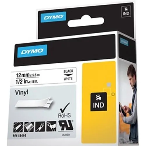 DYMO 18444 Rhino Industrial Vinyl Labels Printers 1/2" x 18', Black Print on White
