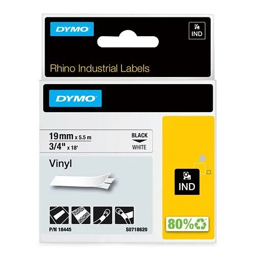 DYMO 18445 Industrial Vinyl Labels 3/4" 18', Black Print on White