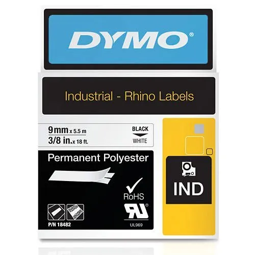 DYMO 18482 Rhino Permanent Poly Labels 3/8in 18ft, Black Print on White, (Replaces 18484)