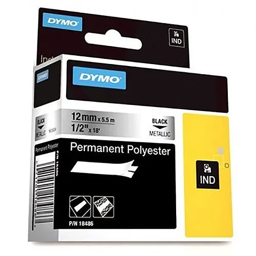 DYMO 18486 Rhino 1/2" Metallized Polyester Tape, Black Text