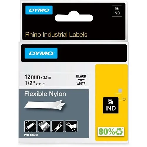 DYMO 18488 Rhino Flexible Nylon Label Tape, 1/2" 11.5', Black Print on White
