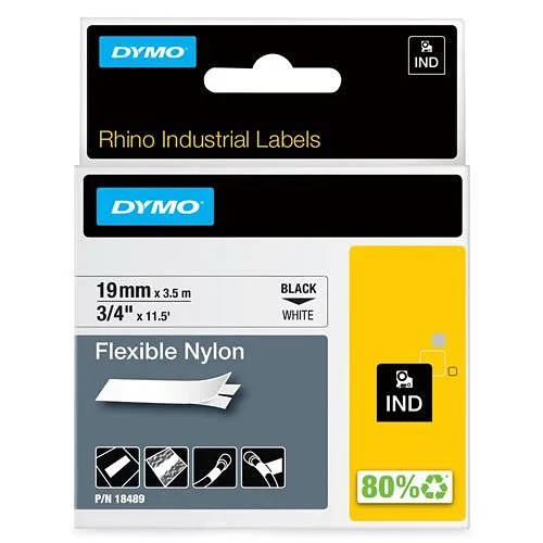 DYMO 18489 Rhino Flexible Nylon Labels, 3/4" 11.5', Black Print on White