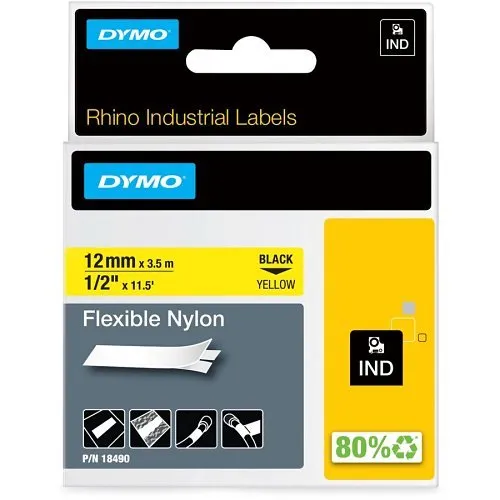 DYMO 18490 Rhino Flexible Nylon Tape, 12mm, Yellow, Black Text