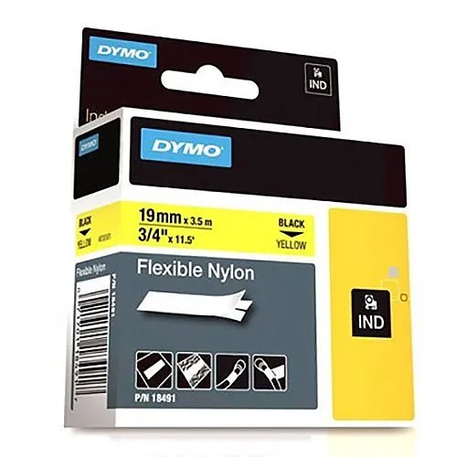 DYMO 18491 Rhino 3/4" Flexible Nylon Tape, Black Text on Yellow Label