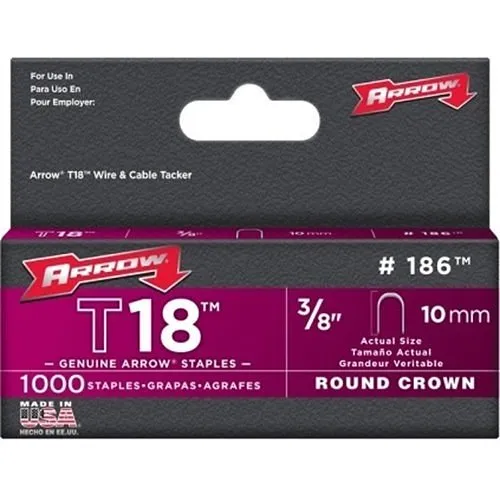 Arrow 186 T18 Round Crown Staples, 3/8" 7/16", 1000-Pack