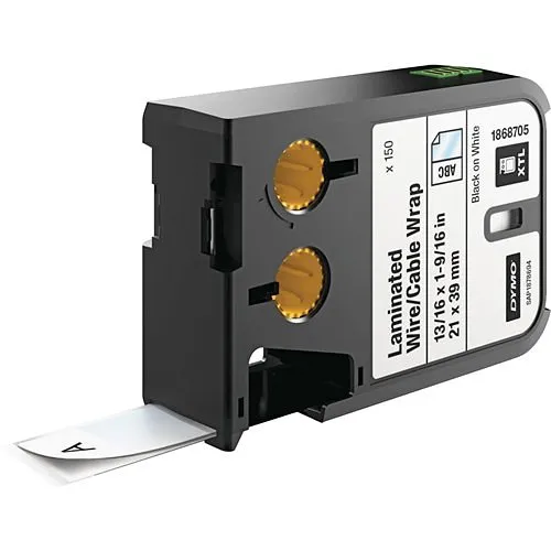 DYMO 1868705 Rhino XTL White Laminated Cable Wrap Pre-Sized Labels, 21x39mm, Black