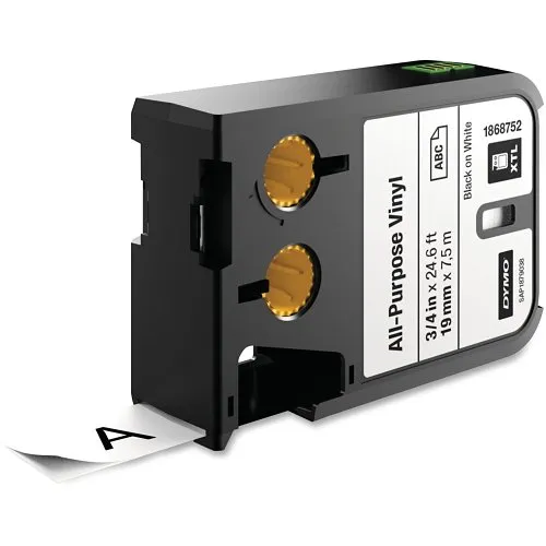 DYMO 1868752 Rhino XTL White Vinyl Tape, 19mm, Black Text