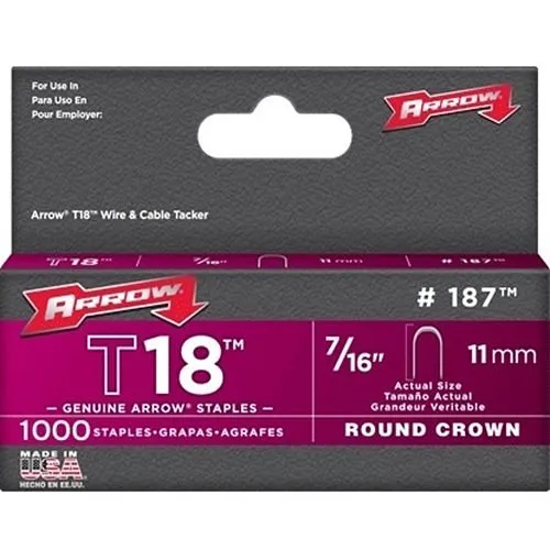 Arrow 187 T18 Round Crown Staples, 3/16" 7/16", 1000-Pack