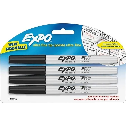 Expo 1871774 Low-Odor Dry Erase Markers, Ultra-Fine Tip, Black, 4-Pack