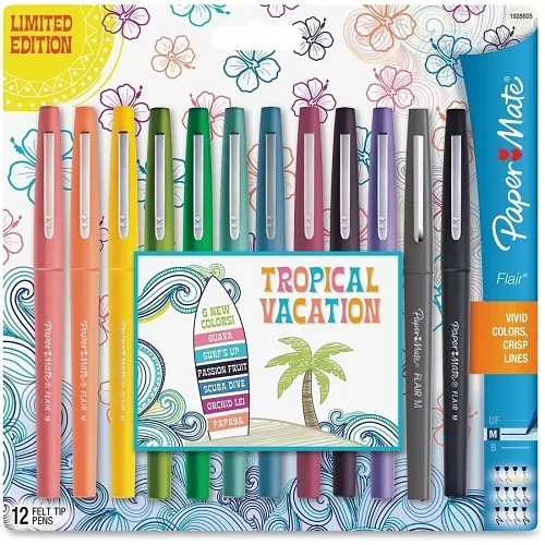 Paper Mate 1928605 Point Guard Flair Felt Tip Porous Point Pen, Stick, Medium 0.7 mm, Assorted Tropical Vacation Ink and Barrel Colors, 12-Pack