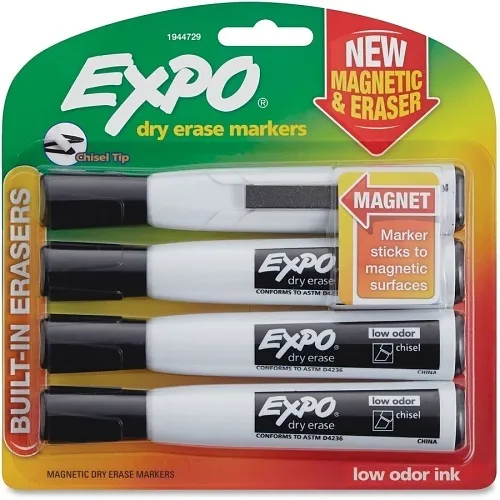 Expo 1944729 Magnetic Dry Erase Marker, Broad Chisel Tip, Black, 4-Pack