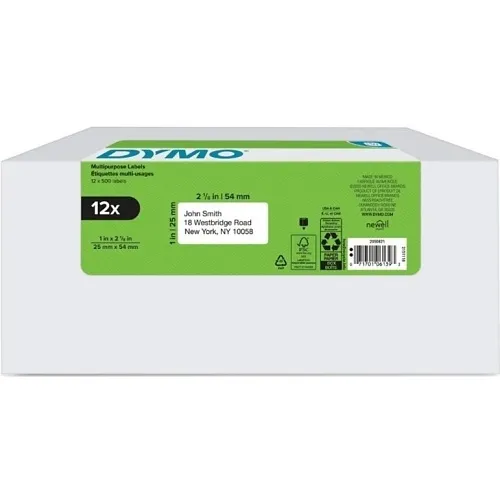 DYMO 2050821 Label Maker, 1" x 2-1/8" White Multi-Purpose Labels, 500 Count, 12-Pack