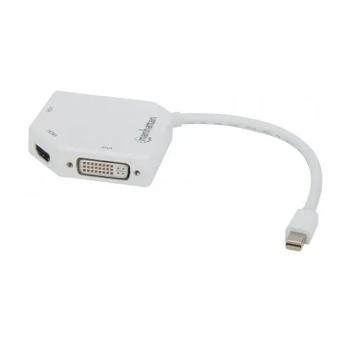 Manhattan 207362 3-in-1 4K Mini DisplayPort Adapter, Male to HDMI / DVI-I / VGA Female, Active, White