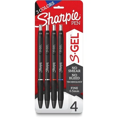 Sharpie 2116199 S-Gel, Fine Point, 0.5mm, Black, Blue and Red, 4-Pack