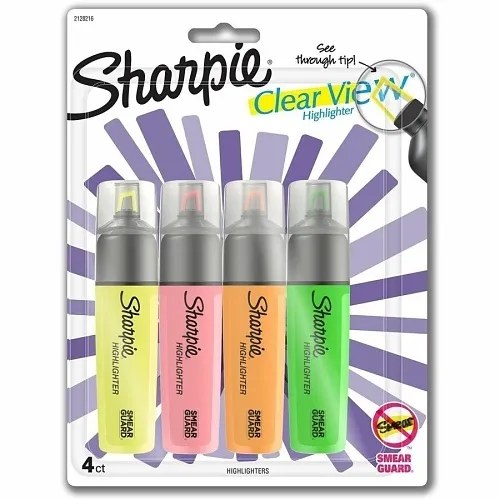 Sharpie 2128216 Clear View Stick Highlighters, See-Through, Tank, Assorted Colors, 4-Piece
