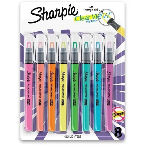 Sharpie 2128218 Clear View Stick Highlighters, See-Through Chisel Tip, Assorted Colors, 8-Pack