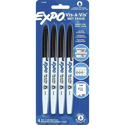 Expo 2134050 Vis-à-Vis Low Odor Wet Erase Markers, Fine Point, Black, 4-Pack