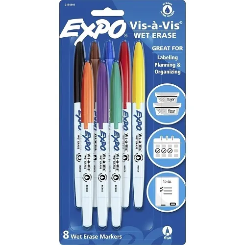 Expo 2134345 Vis-à-Vis Low Odor Wet Erase Markers, Fine Point, Assorted Colors, 8-Pack