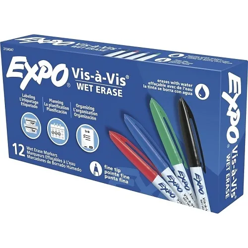 Expo 2134347 Vis-à-Vis Low Odor Wet Erase Markers, Fine Point, Assorted Colors, 12-Pack