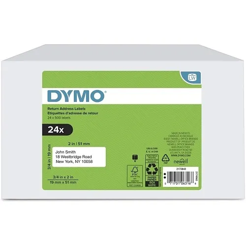 DYMO 2173843 Label Maker, 500 Count, 3/4 by 2" Return Address Labels, Pack of 24
