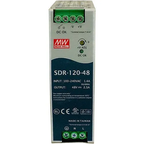 Lantronix 25105 Industrial DIN Rail Mounted Power Supply, 48VDC, 120W