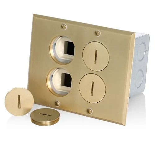 Leviton 35349-TLB Floor Box Assembly with (1) 20A Low Voltage Tamper-Resistant Outlet / Receptacle and (1) QuickPort Insert, Brass