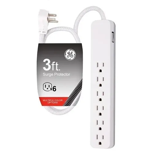 Jasco 41352 GE 6-Outlet 3' Surge Protector with Braided Cord, White