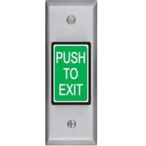 SDC 413MNU 410 Series Narrow Push to Exit Button Switch, Electronic Timer, Fixed (30 seconds), DPDT, Green Button, Dull Stainless