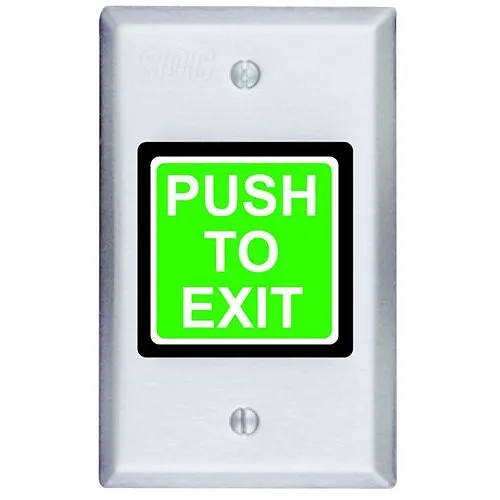 SDC 423MU 420 Series Illuminated Push to Exit Button Switch, Electronic Timer, Fixed (30 seconds), DPDT, Green/Red Button, Dull Stainless