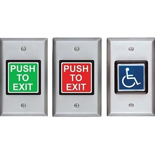 SDC 423U 420 Series Illuminated Push to Exit Button Switch, Electronic Timer, Adjustable (1-60 seconds), DPDT, Green/Red Button, Dull Stainless