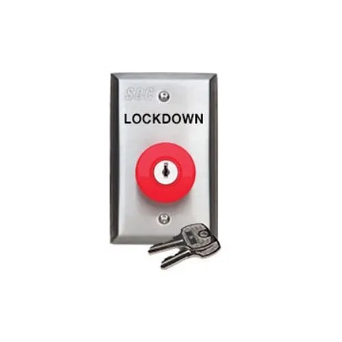 SDC 432KLDUR Exit Switch, 1-Gang, Latching/Key Reset DPST, Mushroom Head, LOCKDOWN Legend, Amp at 30 Volt DC, 2-7/8" Width 4-1/2" Height, Dull Stainless Steel