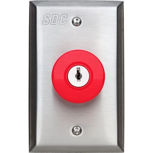 SDC 432KUR 430 Series Small Mushroom Button Switch, Single Gang, Momentary (MO) Latching w/ Key Reset, DPST, Red Button, Dull Stainless