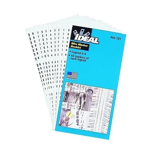 IDEAL 44101 Self-Stick Numeric Wire Marker Booklet, 1-1/2"x1/4", Plastic Impregnated Cloth, Black