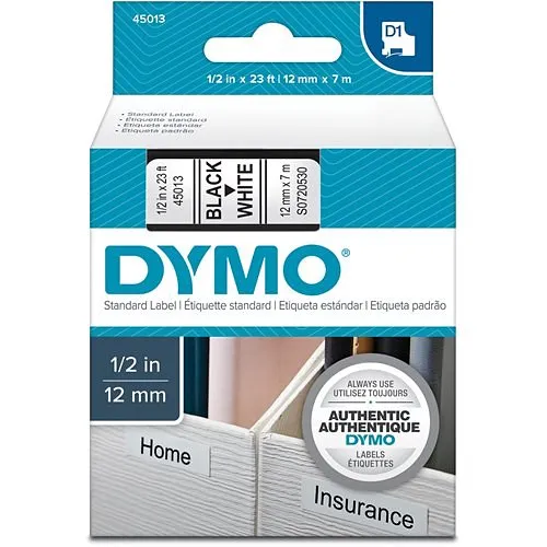 DYMO 45013 D1 Electronic Tape Cartridge, White Text on Black Label, 23' 1/2", Count of 7m Roll
