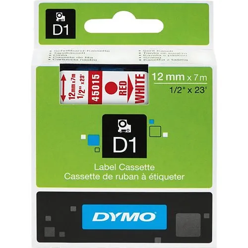 DYMO 45015 D1 Series 1/2" Label Tape Cartridge, 23', Red on White
