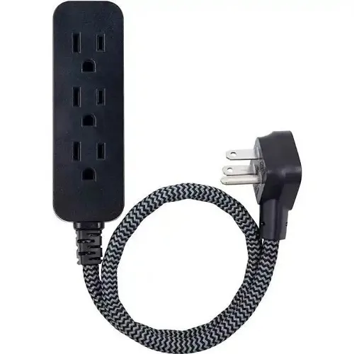 Jasco 45191 GE3-Outlet Mini Braided Extension Cord and Flat Plug, 1', Black/Gray